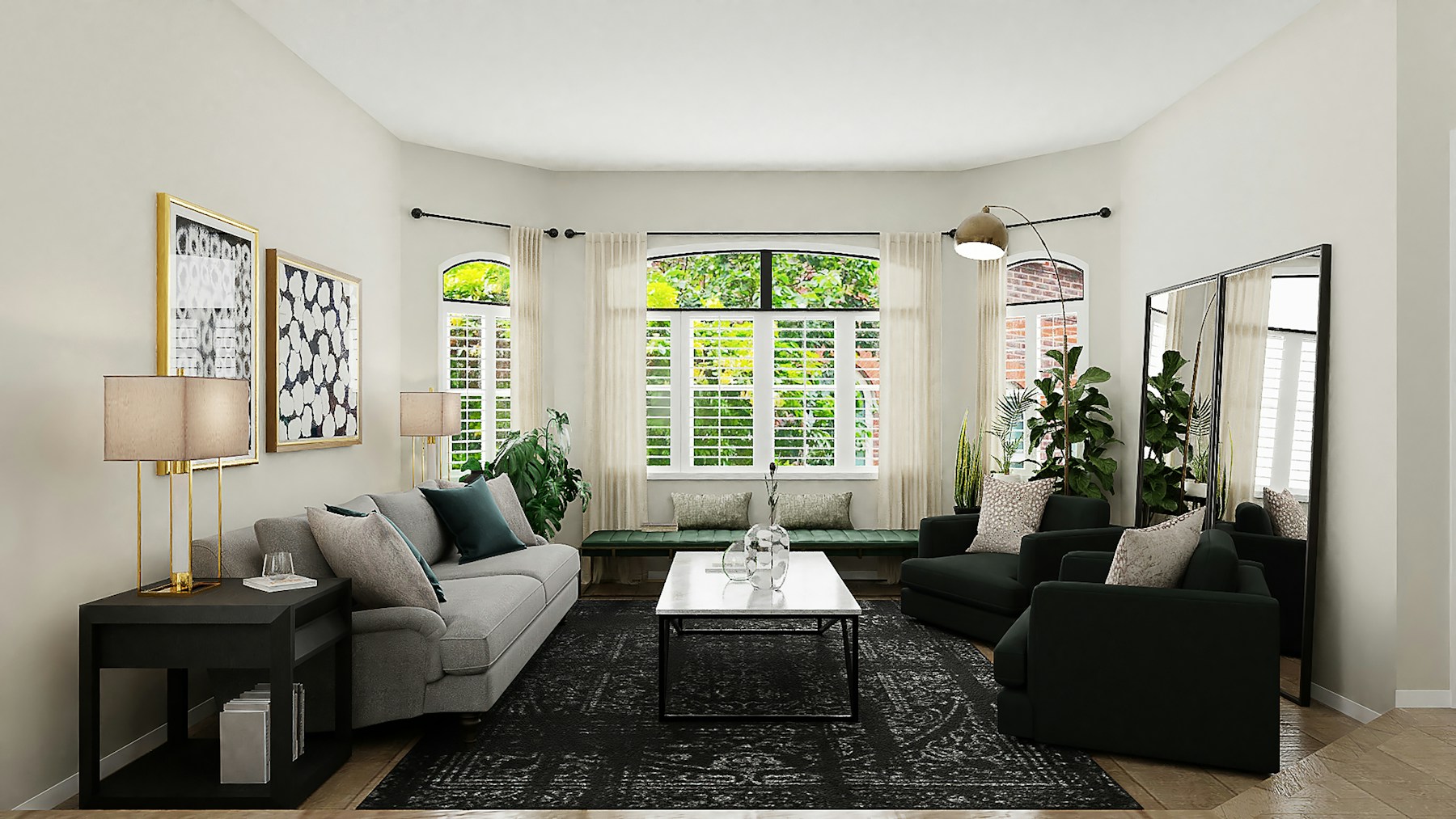 Finished living room with a patterned rug, light sofa, and dark accent chairs
